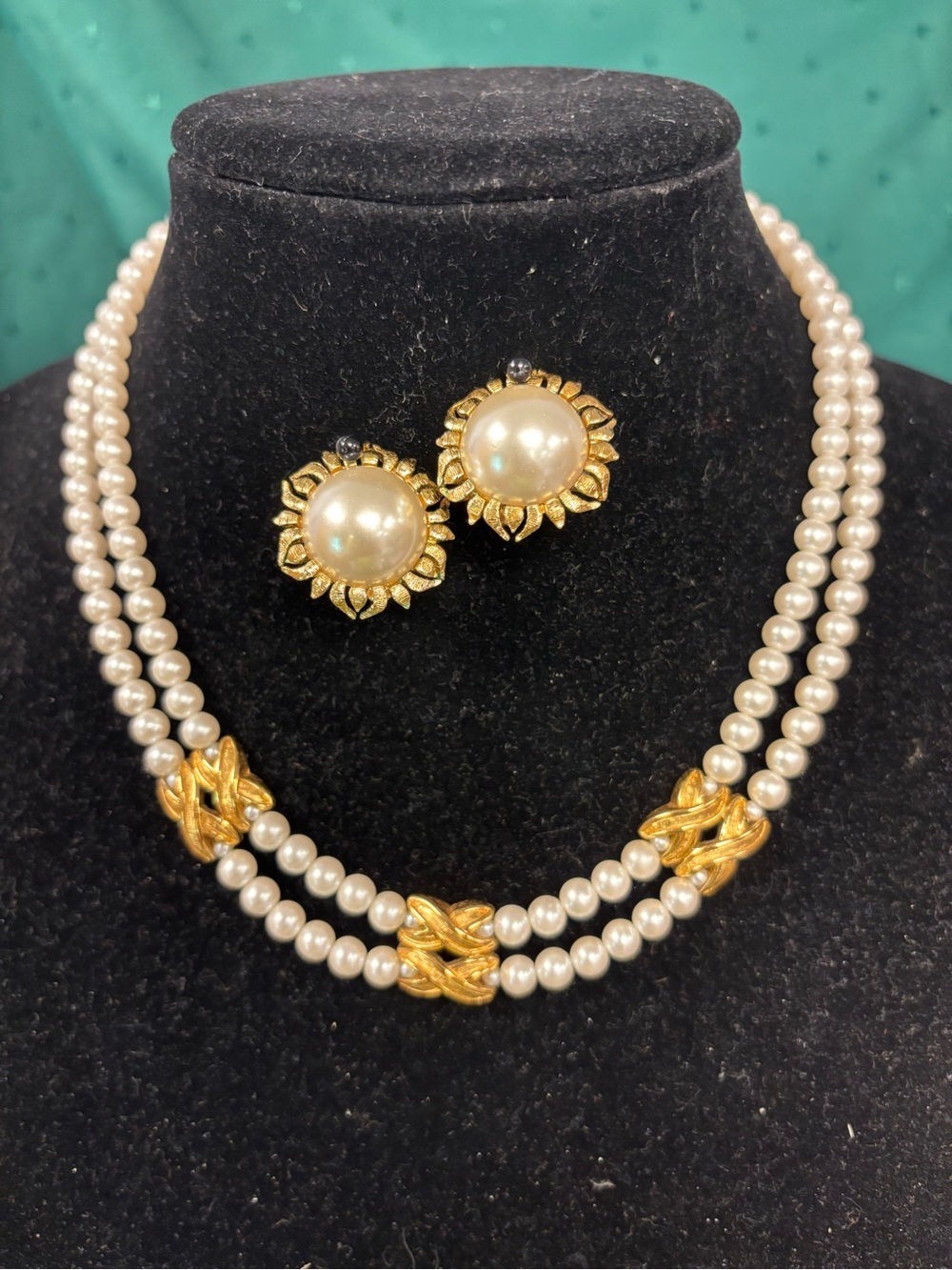 Napier Gold-Tone and Pearl Double Strand Necklace with Floral Pearl clip on